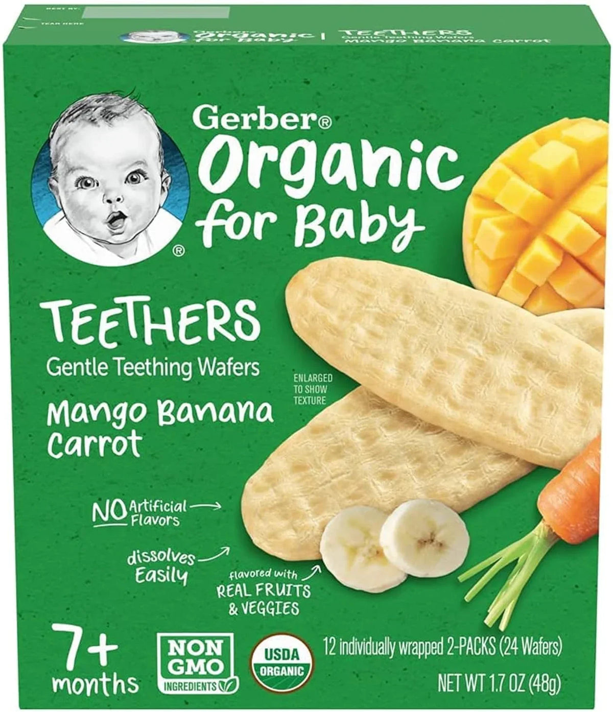 Gerber Organic Gentle Teething Wafers, Mango Banana Carrot, for 7 Months Baby 48g
