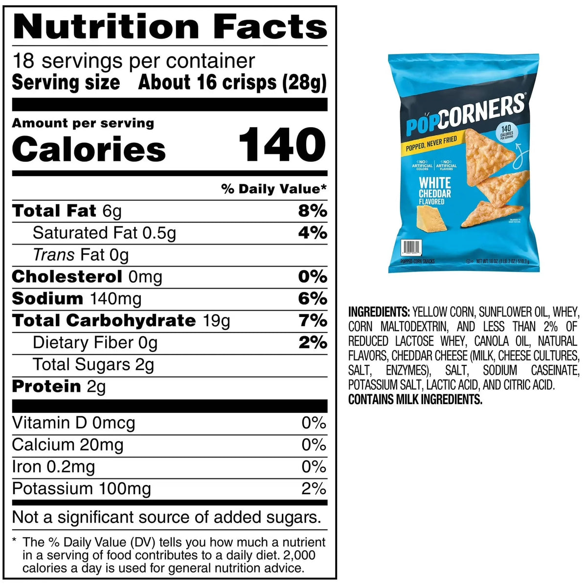 Popcorner White Cheddar Popped Corn Chips, 28.3g