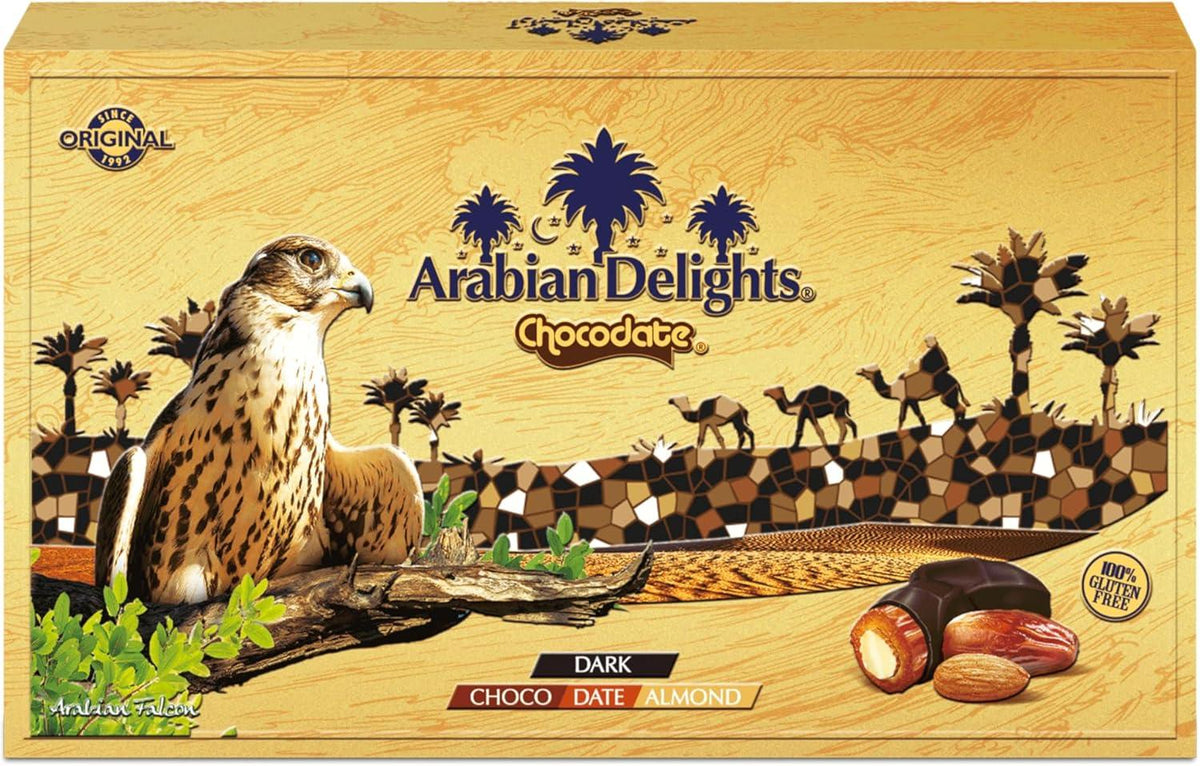 Arabian Delights Dark Chocodate, Classic Chocolate Coated Bite-Sized Snacks, Stuffed w/ Golden Roasted Almonds ,Dates| Snacks & Sweets 150gm Souvenir Box