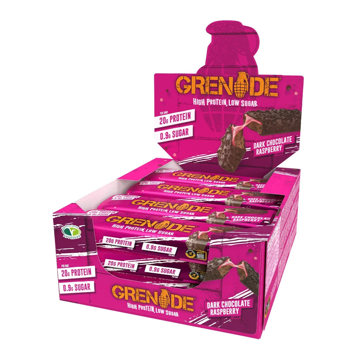 Grenade Dark Chocolate Raspberry - High Protein Bar - Low Sugar (60gm x 12) Box