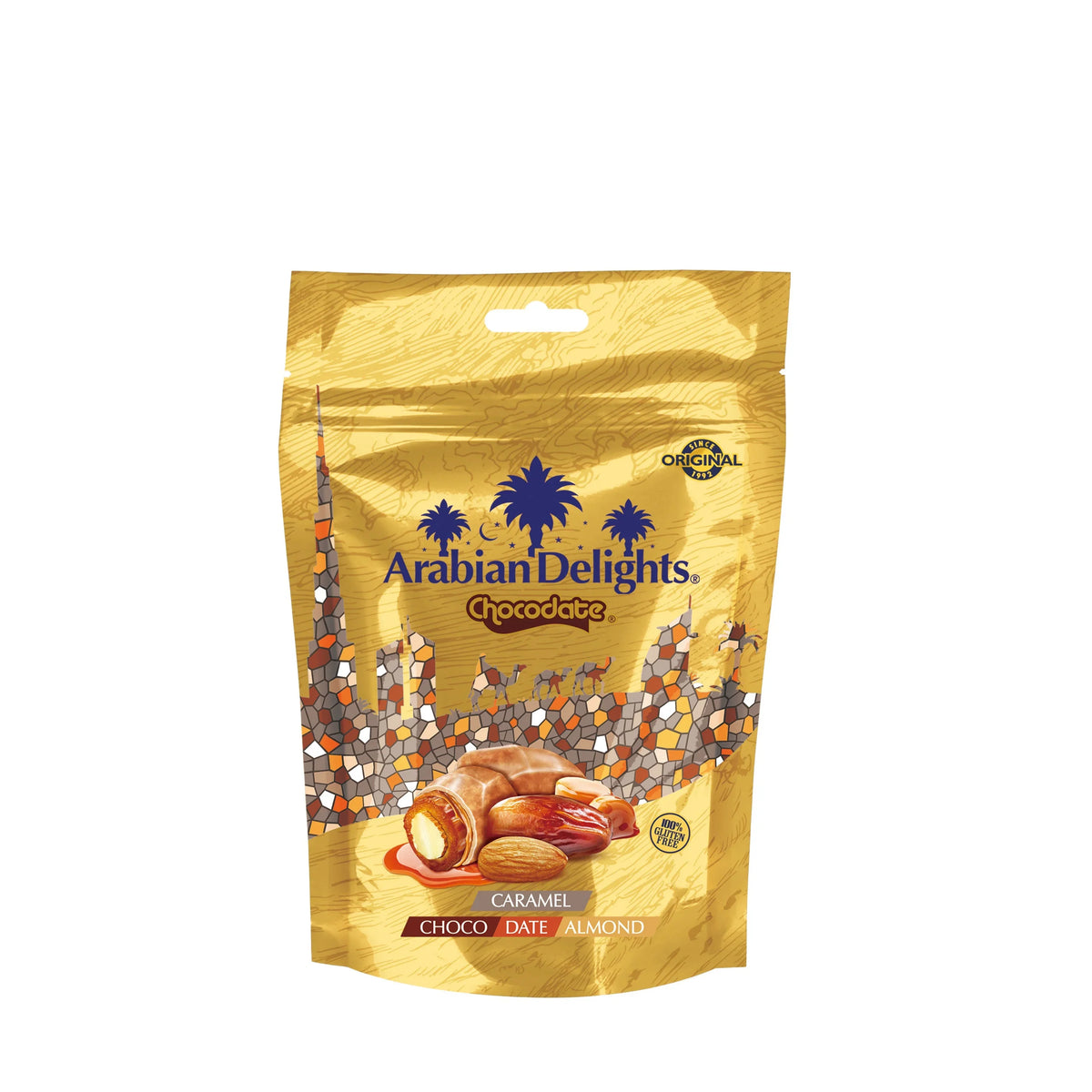 Arabian Delights Chocodate with Caramel, Chocolate Coated Bite-Sized Snacks, Stuffed w/ Golden Roasted Almonds, Dates | Snacks & Sweets - 230gm