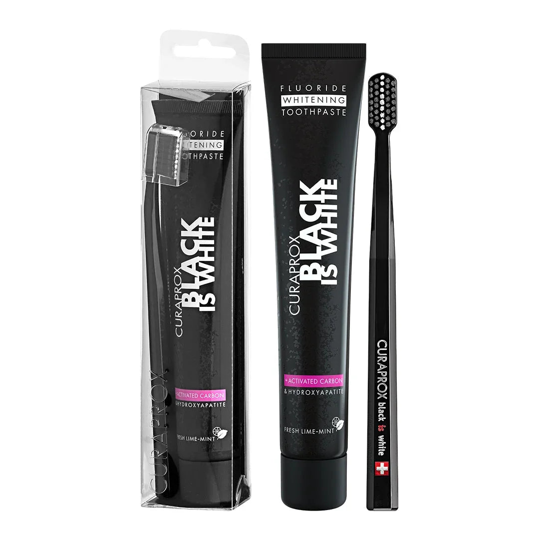 مجموعة Curaprox Black is white: معجون أسنان 90 مل + فرشاة أسنان سوداء