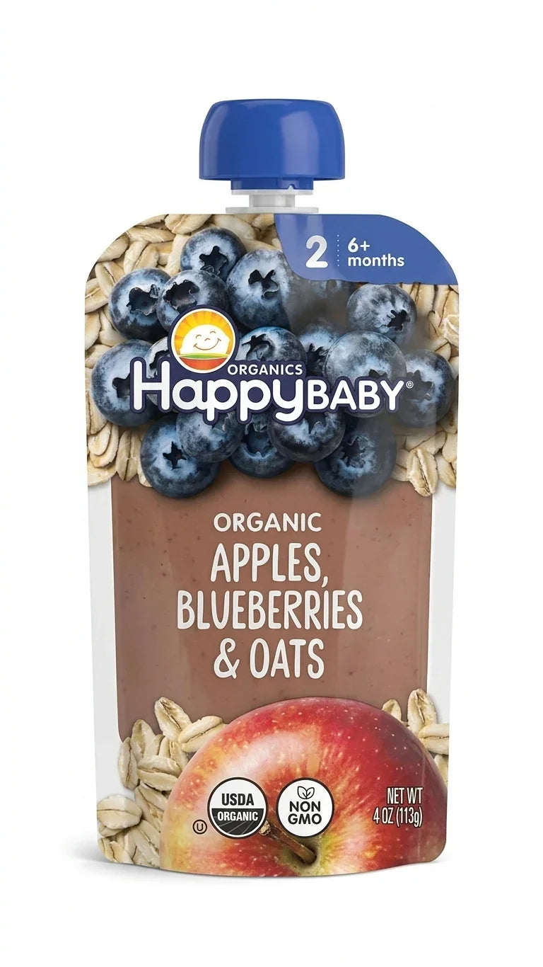 HappyBABY Organic Apples, Blueberries & Oats Pouch 113g