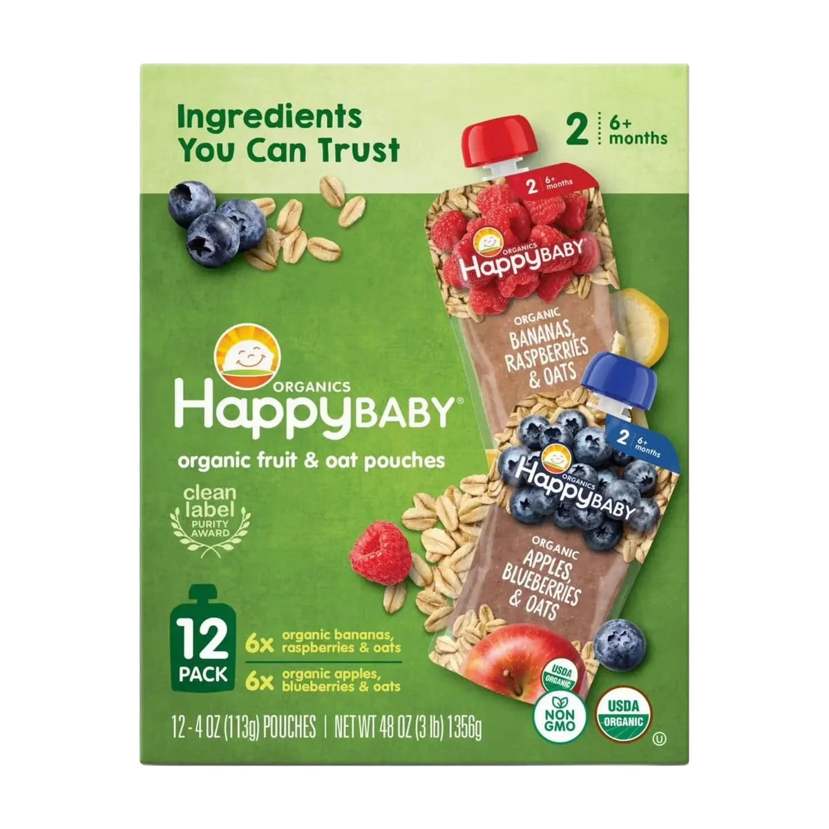 Happy Baby Clearly Crafted Fruit & Oat Pouches, 12 Pack