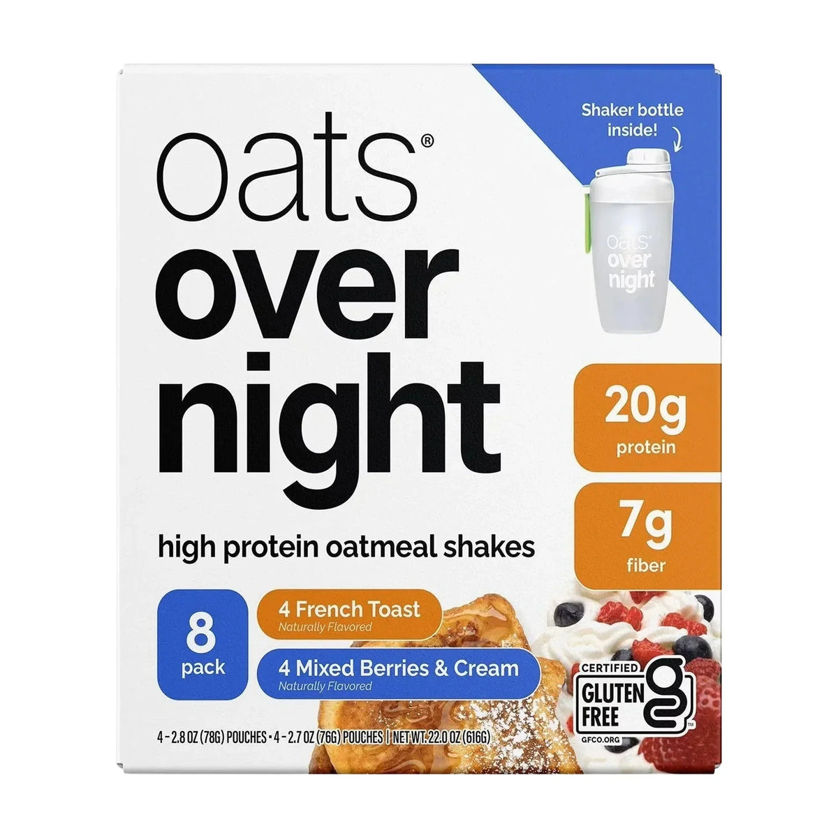 Oats Overnight High Protein Oatmeal Shakes Variety Pack, 20g Protein – 8 Pack (Includes Shaker Bottle)