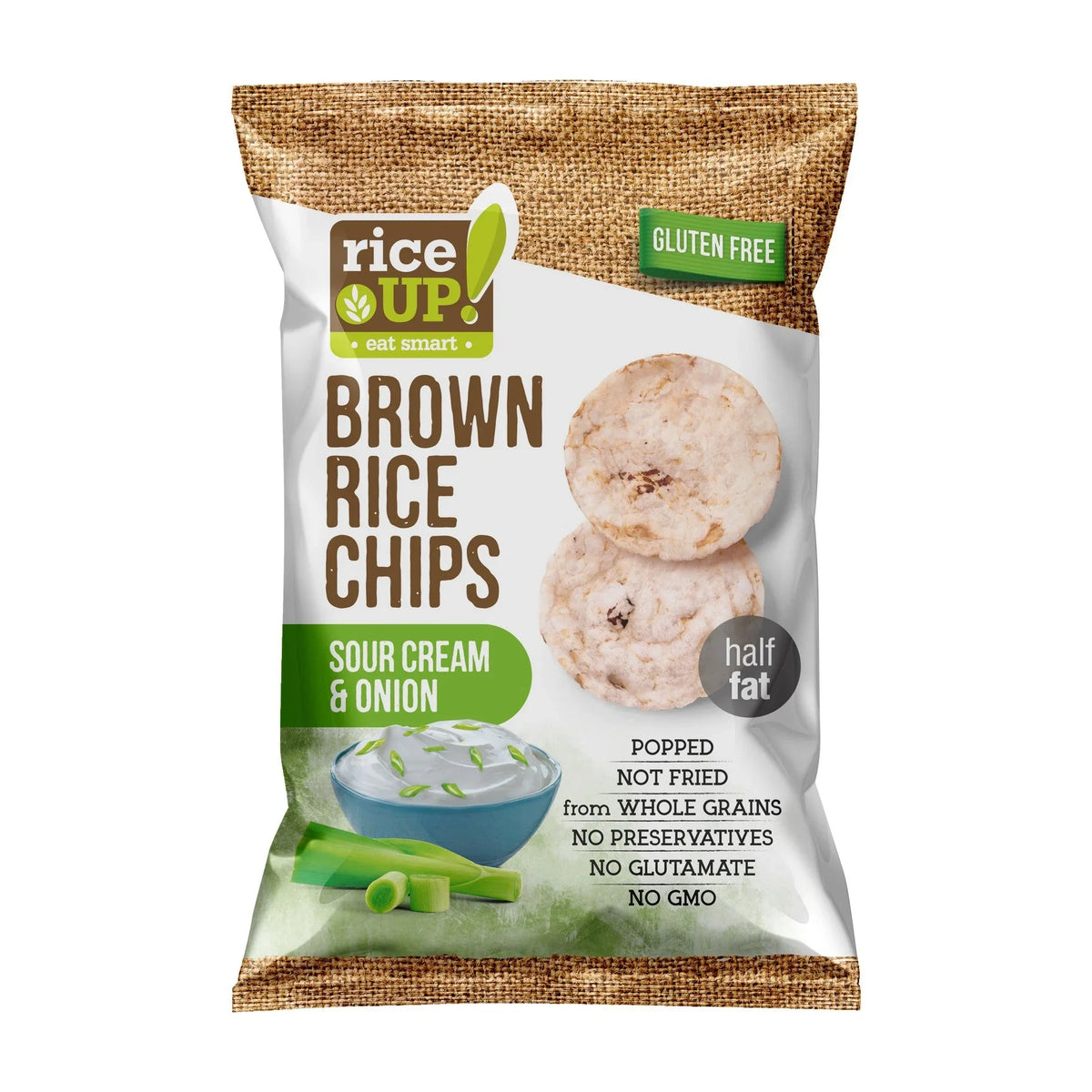 Rice Up Whole Grain Rice Chips Sour Cream & Onion 60g, Gluten free, No GMO